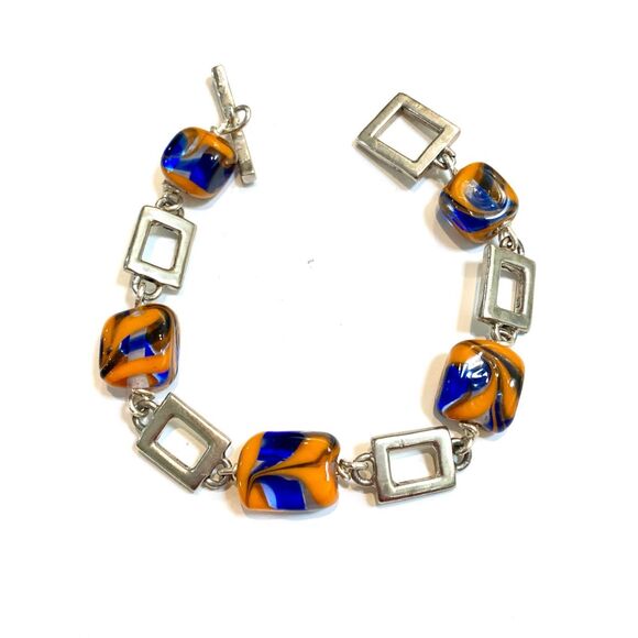 Handmade Glass Orange Blue Glass Bead Bracelet #vintage #handmade - Picture 3 of 3